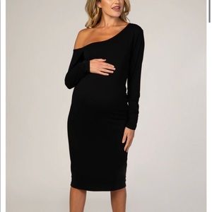PinkBlush Black One Shoulder Fitted Midi Maternity Dress